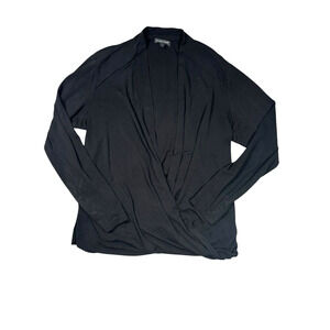 Eileen Fisher Crossover Faux Wrap Blouse Womens Large Black Silk Top Long Sleeve